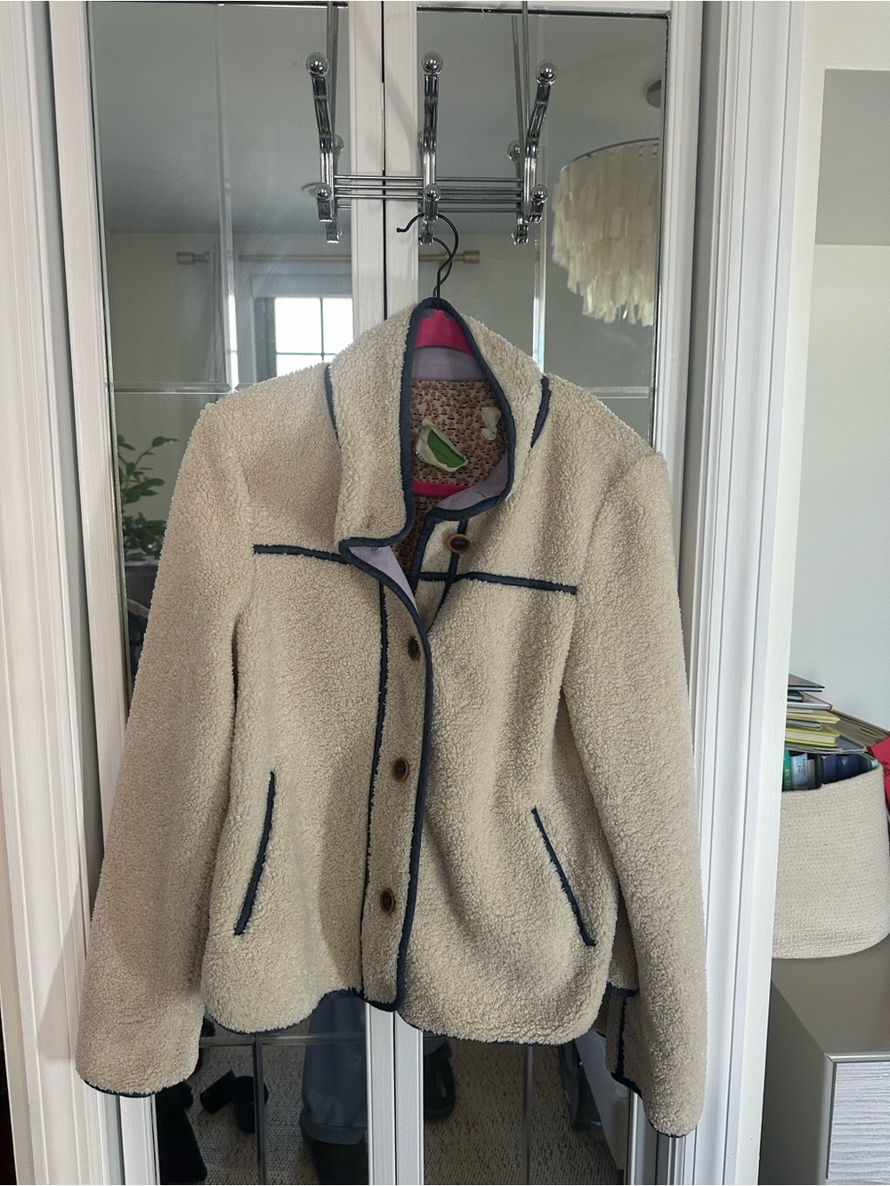 Anthropologie Cream Sherpa Jacket with Navy Trim